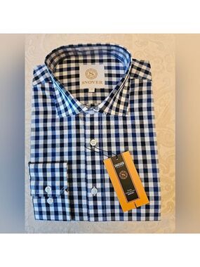 Men’s Navy Blue Check Shirt, Cotton, Gingham Plaid, Snover, NWT, 41